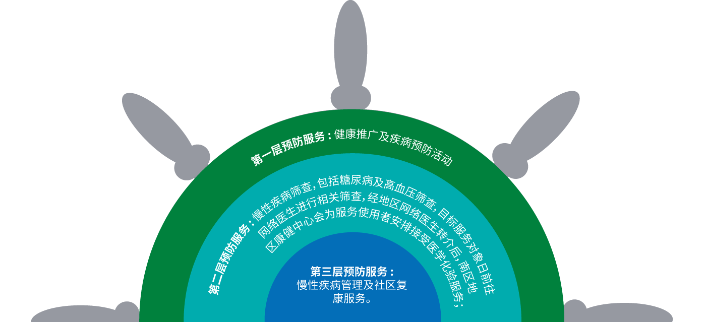 南區地區康健中心主中心將會透過個人服務環節及小組形式提供基層醫療服務，包括以下第一、第二及第三層預防計劃：